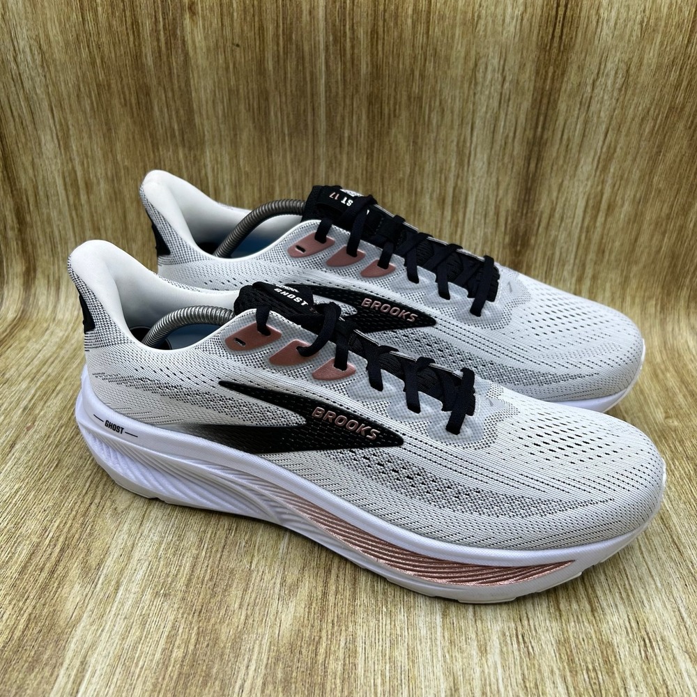 Brooks Ghost 17 Women's 12 D Wide White Black Rose Gold Shoes 1204311D105